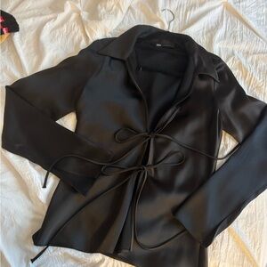 Zara Black Satin Tie-Front Blazer